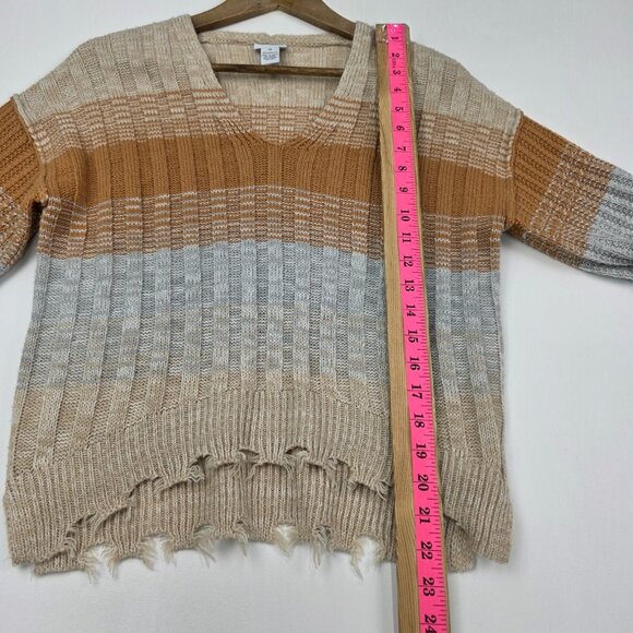 Womens XS Distressed V Neck Striped Knit Sweater Beige Tan Gray Boho Grunge - Picture 14 of 15